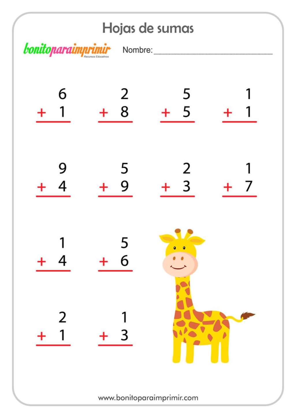 Sumas de números de una&nbsp;cifra.