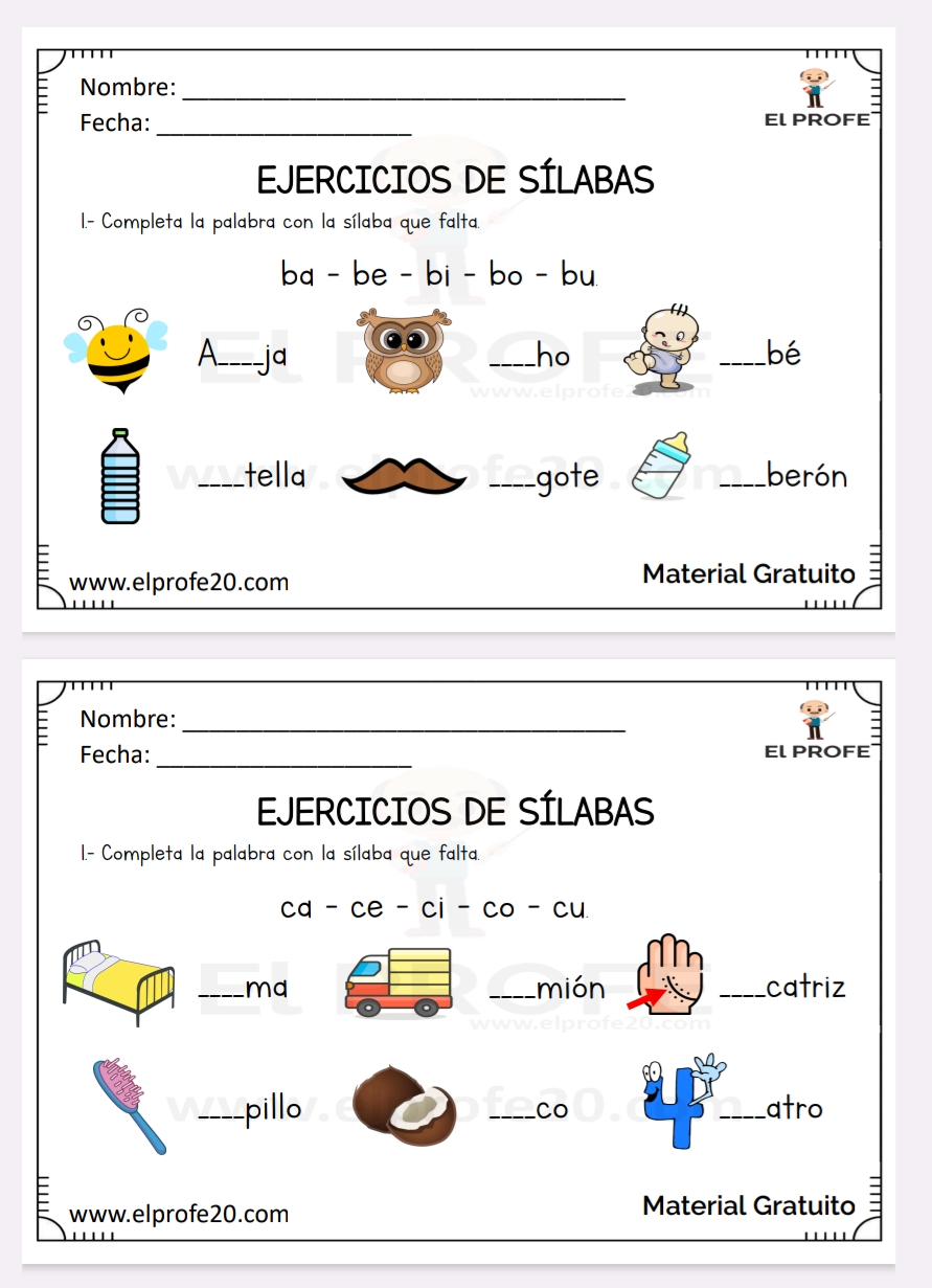 Cuadernillo de ejercicios de&nbsp;sílabas.